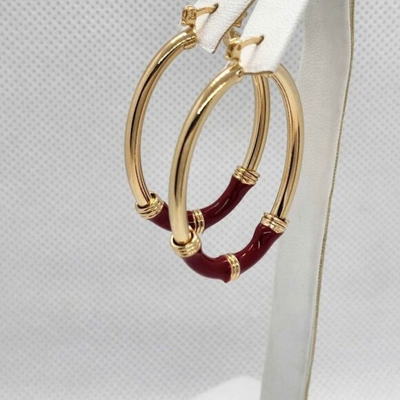 Brand New   Brazilian 18k Gold Filled Beautiful Oval RED Earrings - Picture 2 of 4